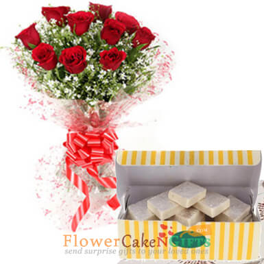 send 10 Red Roses And 250gms Kaju Barfi Sweets delivery